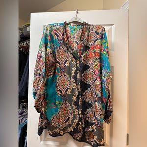 Johnny Was multicolor turquoise silk shirt XXL